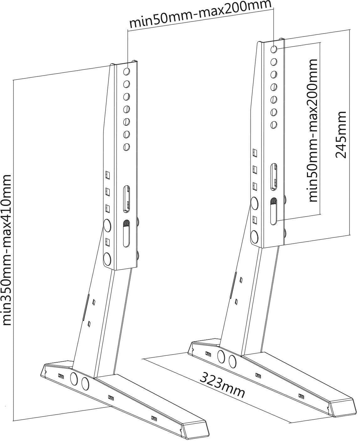 Obrázok dvoch nastaviteľných držiakov s rozmermi: výška 350-410 mm, šírka 323 mm, nastaviteľná hĺbka 50-200 mm.