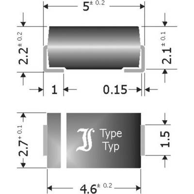 Elektronická súčiastka s rozmermi: hore 5 ±0,2 mm, po stranách 2,2 ±0,2 mm; dole 4,6 ±0,2 mm, po stranách 1,5 mm. Označená ako 'J Type Typ'.