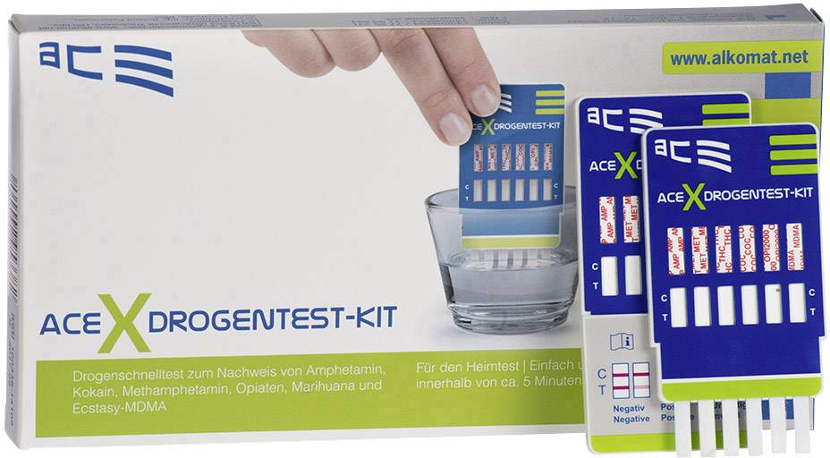 Testovacia sada na drogy pre amfetamíny, kokaín, metamfetamín, opiáty, marihuanu a extázu (MDMA). Obsahuje testovacie prúžky a sklenicu.