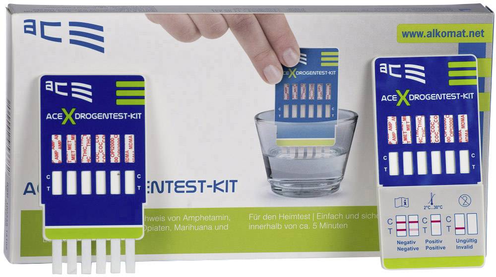 Obal sady na testovanie drog, zobrazuje ruku ponárajúcu testovací prúžok do vody. Vhodné pre látky ako amfetamín a kokaín.