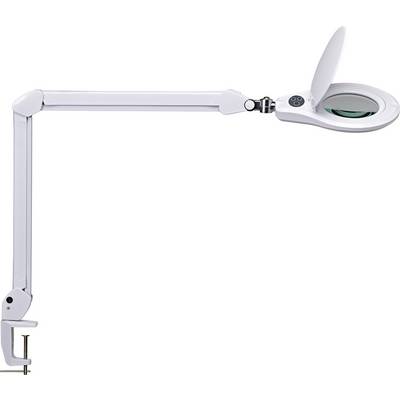Kancelárska stolná lampa s nastaviteľným ramenom a lupou, ideálna pre presné práce alebo čítanie jemných detailov.