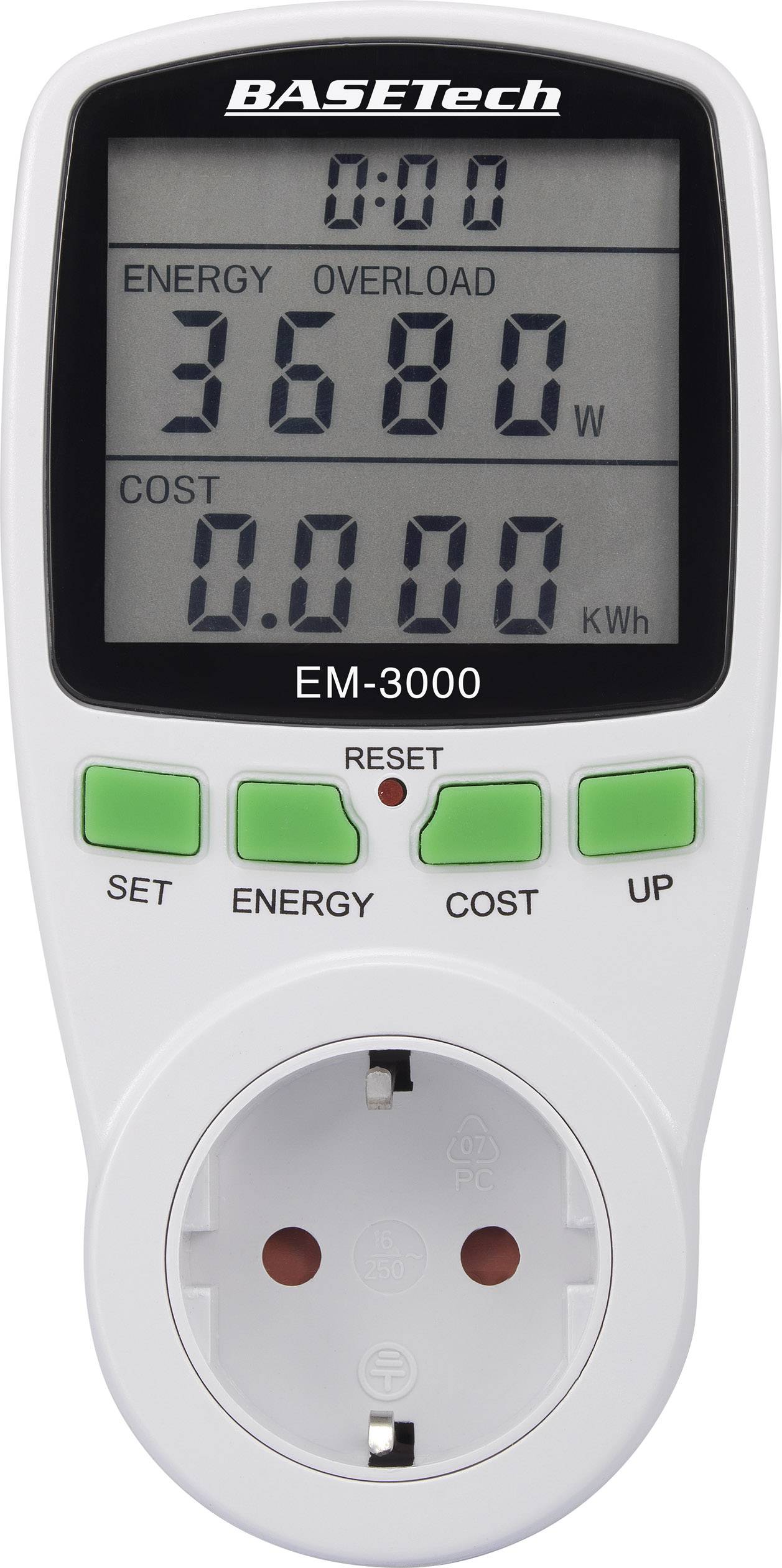 Merač elektrickej energie zobrazuje '3680 W' pre spotrebu energie. Ovládacie tlačidlá nižšie: Set, Energy, Cost, Up.