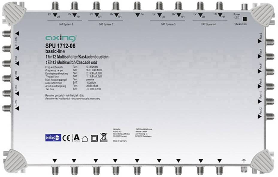 Satelitný multiprepínač s 17 vstupmi a 12 výstupmi, model 'axing SPU 1712-06'. Vhodný pre TV signály vo veľkých inštaláciách.