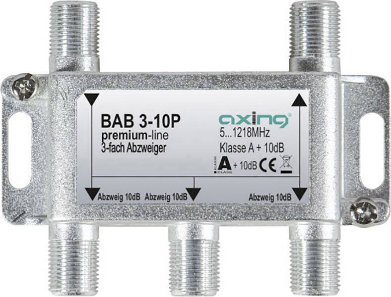 Rozbočovač 'BAB 3-10P', 3-násobný odbočovač, frekvenčný rozsah 5...1218 MHz, trieda A+, útlmové hodnoty na odbočeniach označené.