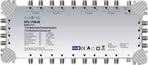 Multispínač pre satelitný príjem, vhodný pre 17 vstupov a 8 výstupov. Modelové číslo SPU 1708-06, značka Axing.