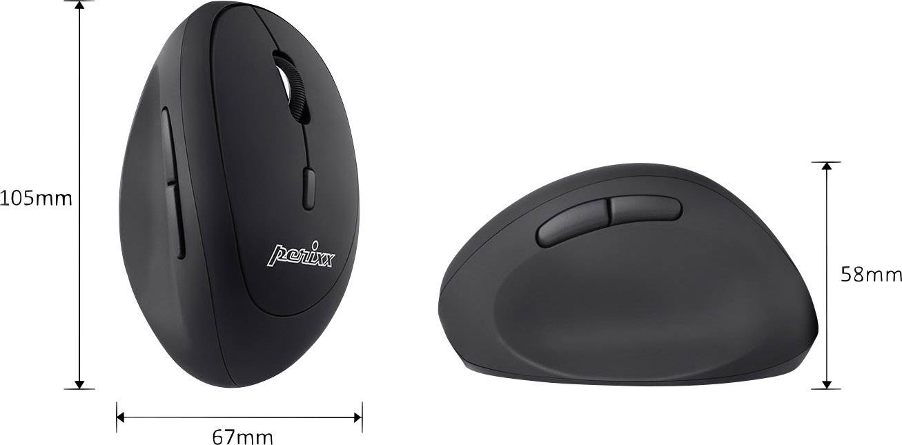 Čierna ergonomická vertikálna myš, 105 mm vysoká, 67 mm široká, 58 mm hlboká. Bočné tlačidlá pre lepšiu manipuláciu.
