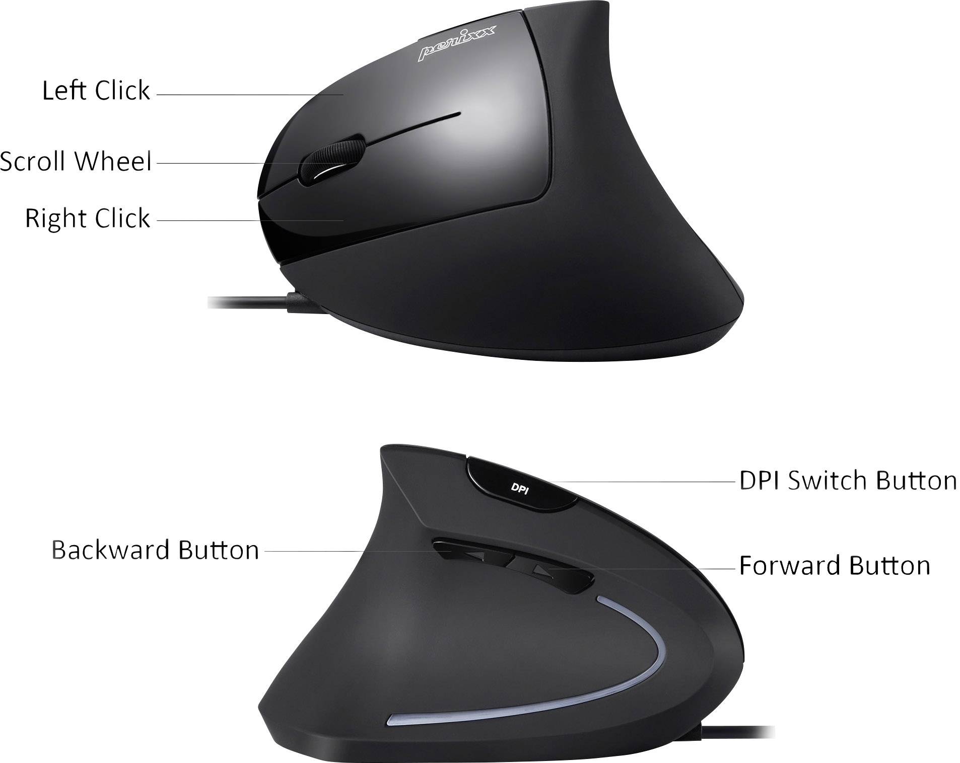 Ergonomická vertikálna myš s tlačidlami: Ľavý klik, rolovacia koliesko, pravý klik, tlačidlo späť, tlačidlo dopredu, prepínač DPI.