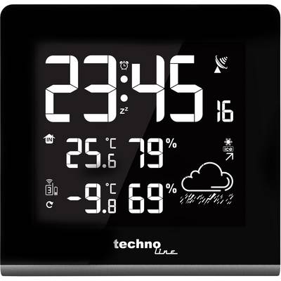 Čiernobiely digitálny displej zobrazuje čas 23:45, vnútornú teplotu 25,6°C, vonkajšiu teplotu -9,8°C a vlhkosť vzduchu 79% vnútri a 69% vonku.