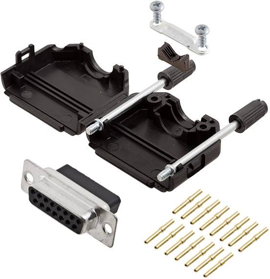 DB9 konektor set s krytom, skrutkami, pinmi a golierom, vhodný na prepojenie elektrických zariadení. Obsahuje 16 pinov.