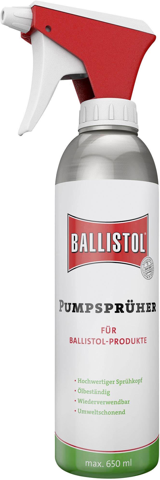 Rozprašovač 'Ballistol' s červenou rozprašovacou hlavicou a striebornou nádobou. Vhodný pre produkty Ballistol; opakovane použiteľný a šetrný k životnému prostrediu.