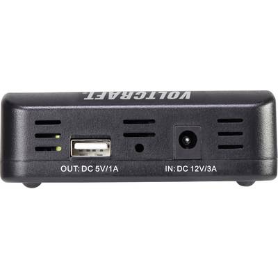 Zariadenie s USB portom (OUT: DC 5V/1A) a napájacím vstupom (IN: DC 12V/3A). Na hornej časti zariadenia je nápis 'VOLTCRAFT'.