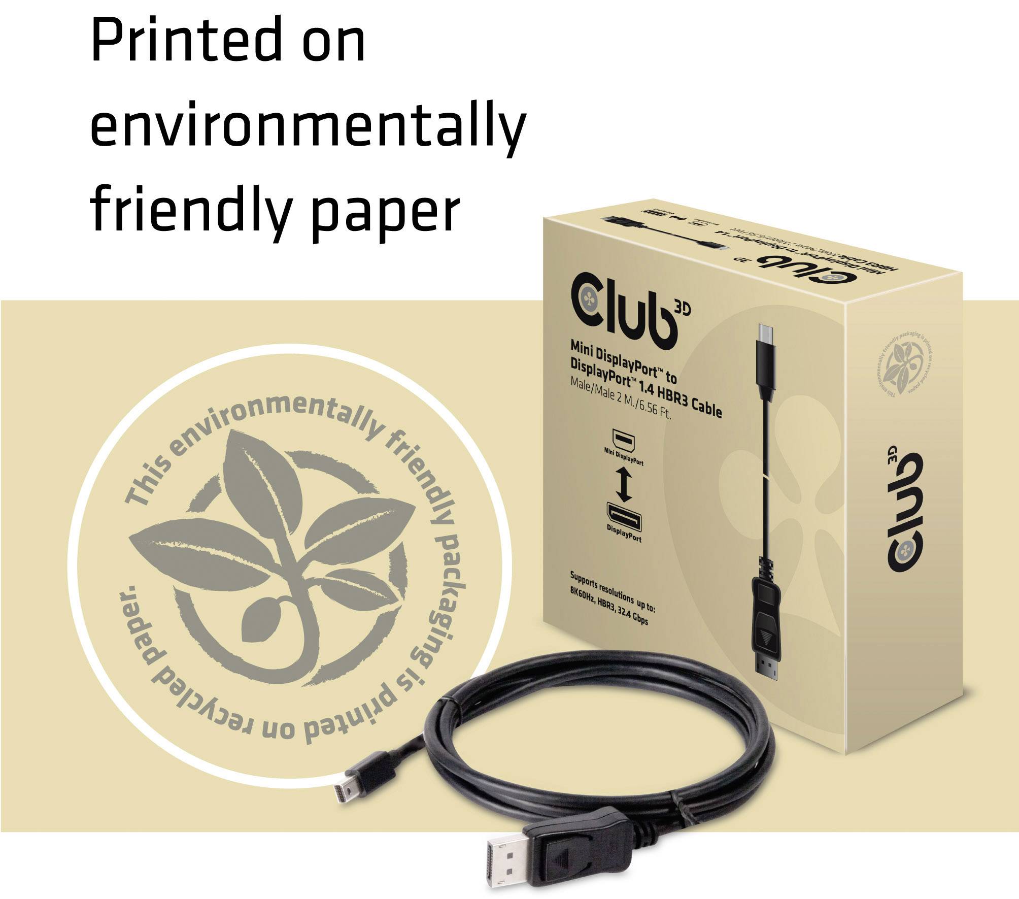 Balenie kábla Club 3D Mini DisplayPort 1.4, vyrobené z ekologického papiera, vedľa ktorého leží samotný kábel. Text: "Vytlačené na ekologickom papieri".
