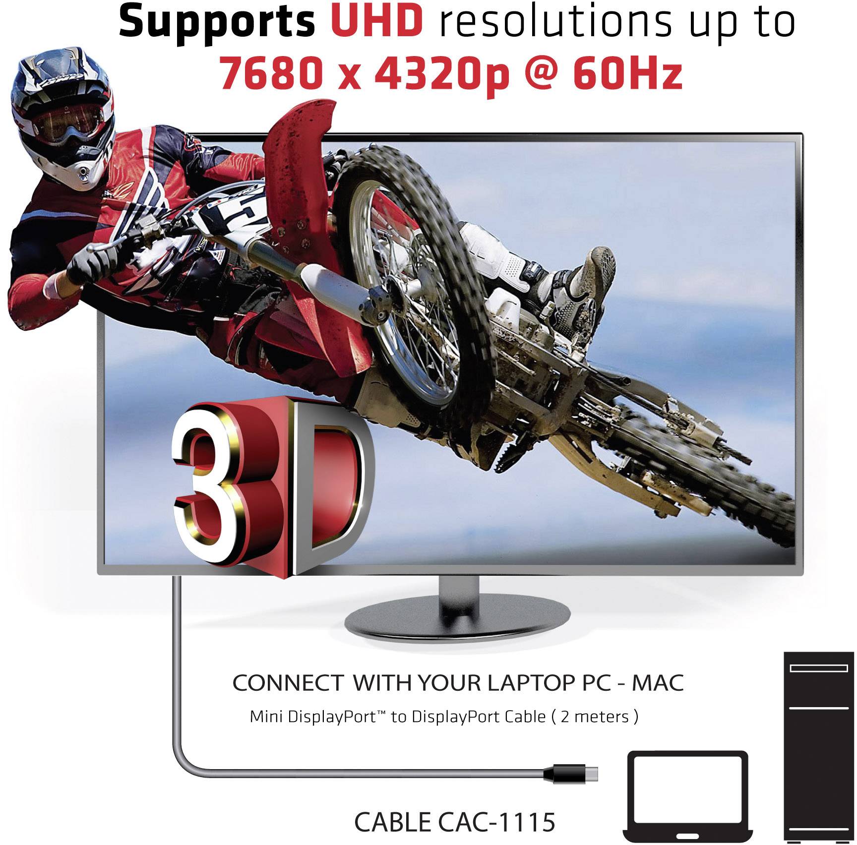 3D monitor zobrazuje motokrosového jazdca, podporuje UHD rozlíšenia až do 7680x4320p @ 60Hz. Pripojenie prostredníctvom Mini DisplayPort kábla.