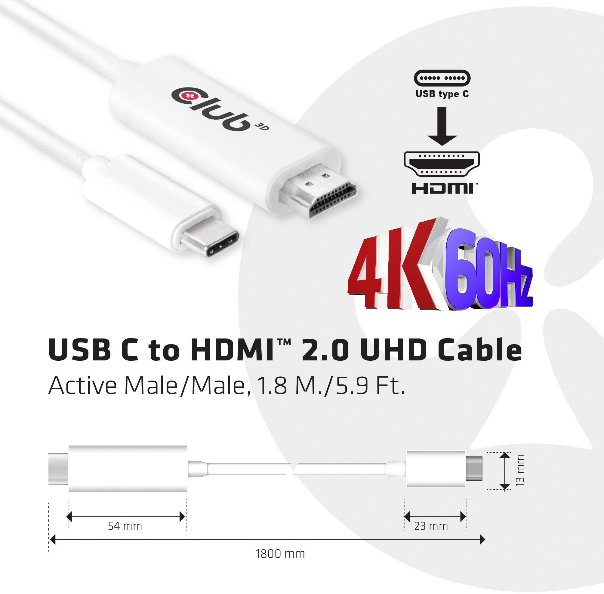 USB-C na HDMI 2.0 UHD kábel; dĺžka 1,8 m; podporuje 4K pri 60 Hz. Zobrazuje rozmery konektorov a účel použitia.