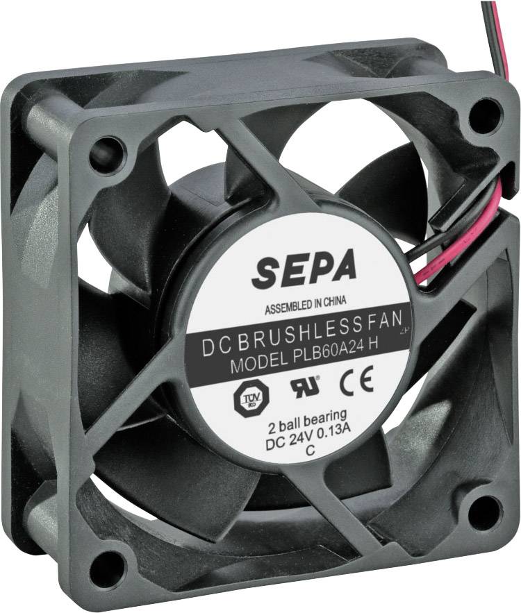 Čierny, štvorcový ventilátor s potlačou 'SEPA DC Brushless Fan, Model PLB60A24 H'. Prevádzkové napätie: 24V, 0,13A.