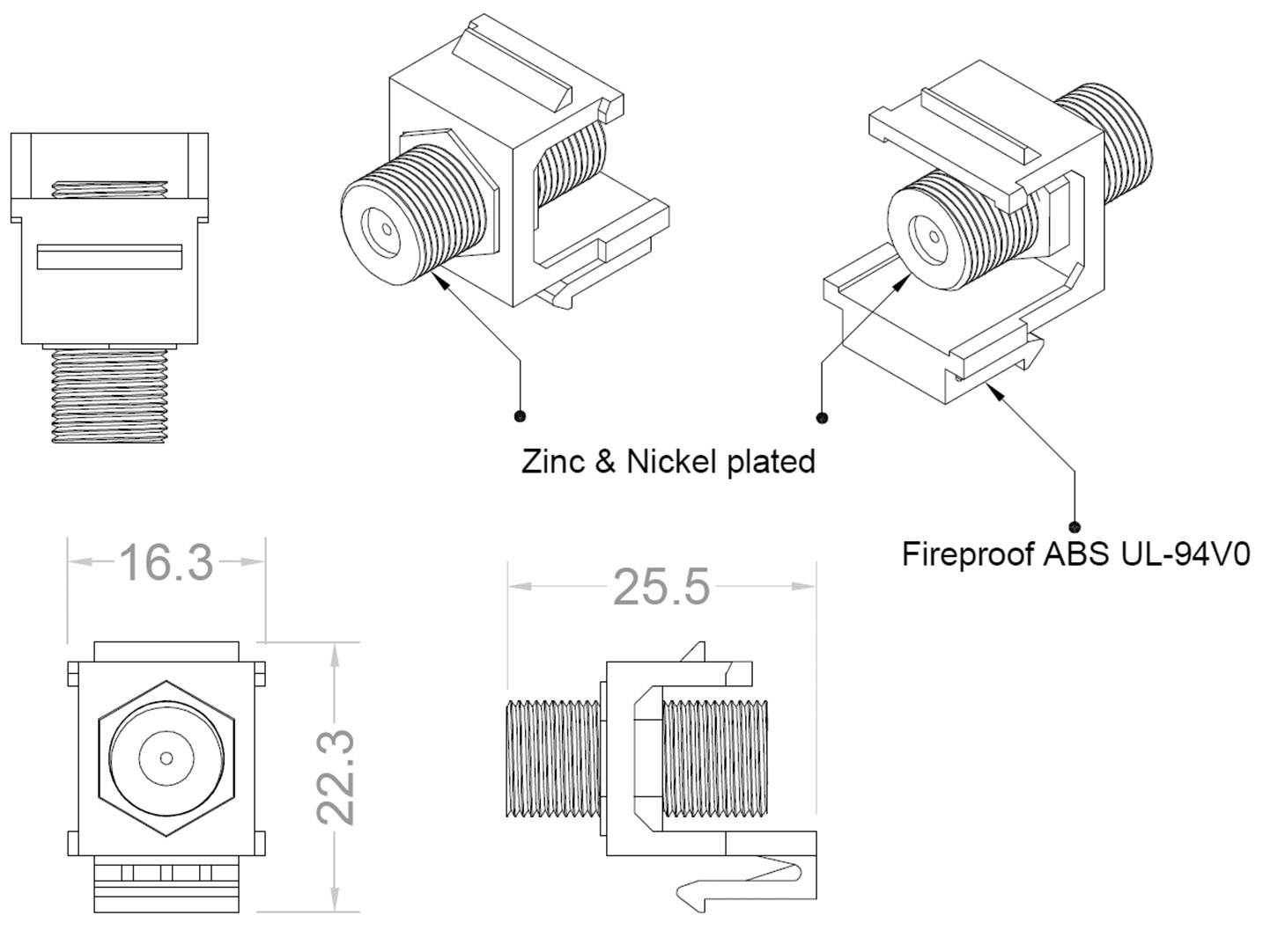 Technický výkres modulového púzdra. Hore 3D pohľad, dole rozmery: 16,3 mm x 22,3 mm x 25,5 mm. Materiál: ohňovzdorný ABS, pozinkovaný a pochromovaný.