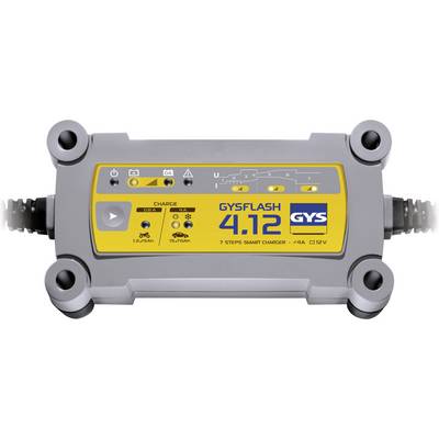 Sivo-žltá nabíjačka batérií 'GYSFLASH 4.12 GYS' so siedmimi nabíjacími módmi, LED indikátormi a pripojovacie káble pre 12V automobilové batérie.