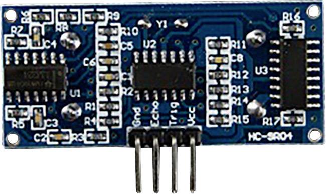 Elektronický modul s viacerými mikročipmi, odpormi a kondenzátormi na doske plošných spojov. Označenie: 'HC-SR04'.