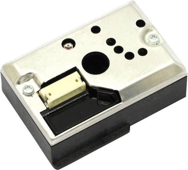 Malá elektronická súčiastka s kovovým krytom, niekoľkými otvormi a bielym plastovým konektorom.