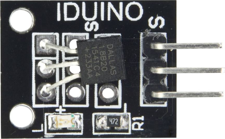 Čierna senzoická doska s nápisom 'IDUINO' a čipom s popiskami. Tri pinové lišty vpravo na pripojenie.