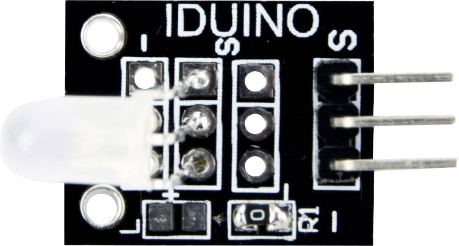 Infračervený senzorový modul na detekciu prekážok a čiar s tromi pinmi pre elektronické prepojenia.