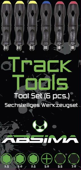 Sada nástrojov 'Track Tools' (6-dielna) od Asbima, vrátane šesťhranných kľúčov 1,5 mm, 2,0 mm, 2,5 mm, 3,0 mm, 5,5 mm, 7,0 mm.
