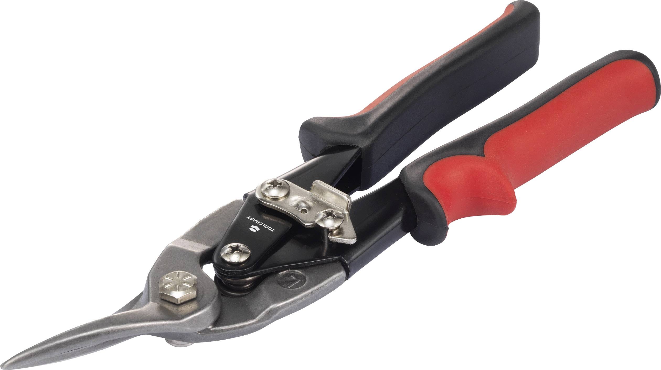 Červené a čierne kovové nožnice s ergonomickou rukoväťou, vhodné na presné strihanie plechov pri remeselníckych prácach.