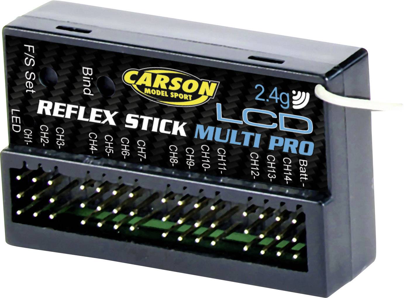 Čierny elektronický modul s nápisom 'Reflex Stick LCD Multi Pro 2.4g', zobrazuje konektory a anténový kábel vpravo.