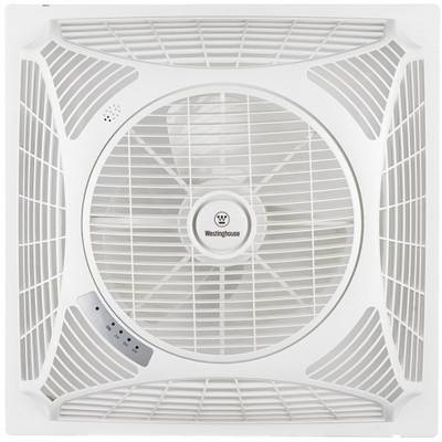 Biely stropný ventilátor so štvorcovým rámom a centrálnym motorom, vhodný na vetranie vnútorných priestorov.
