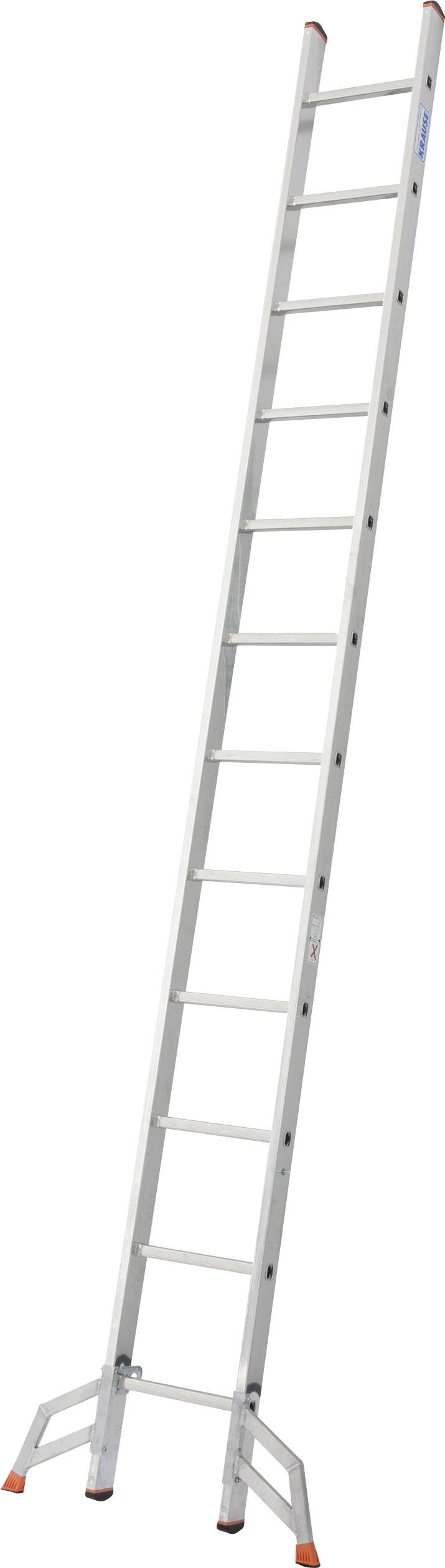 Dlhý hliníkový rebrík s dvanástimi priečkami, stojaci vzpriamene s oranžovými gumenými krytkami na nohách.