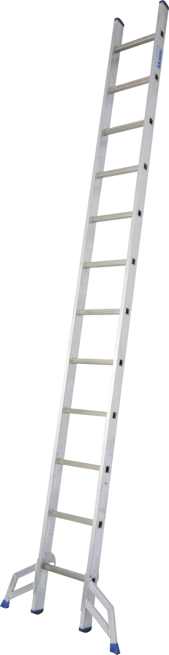 Hliníkový rebrík s modrými gumenými krytkami na nohách, vysoký jedenásť priečok, vzpriamene stojaci.