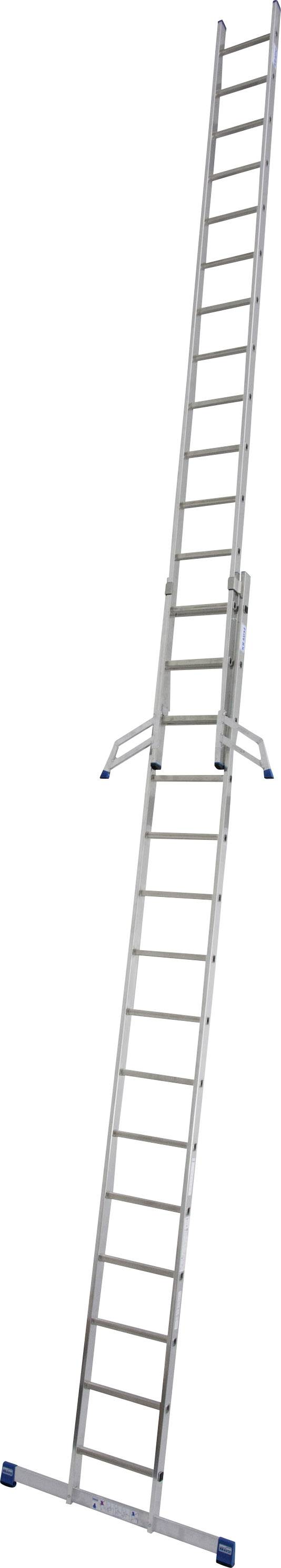 Hliníkový výsuvný rebrík s modými protišmykovými nožičkami pre stabilné ukotvenie, vhodný pre práce vo výškach.
