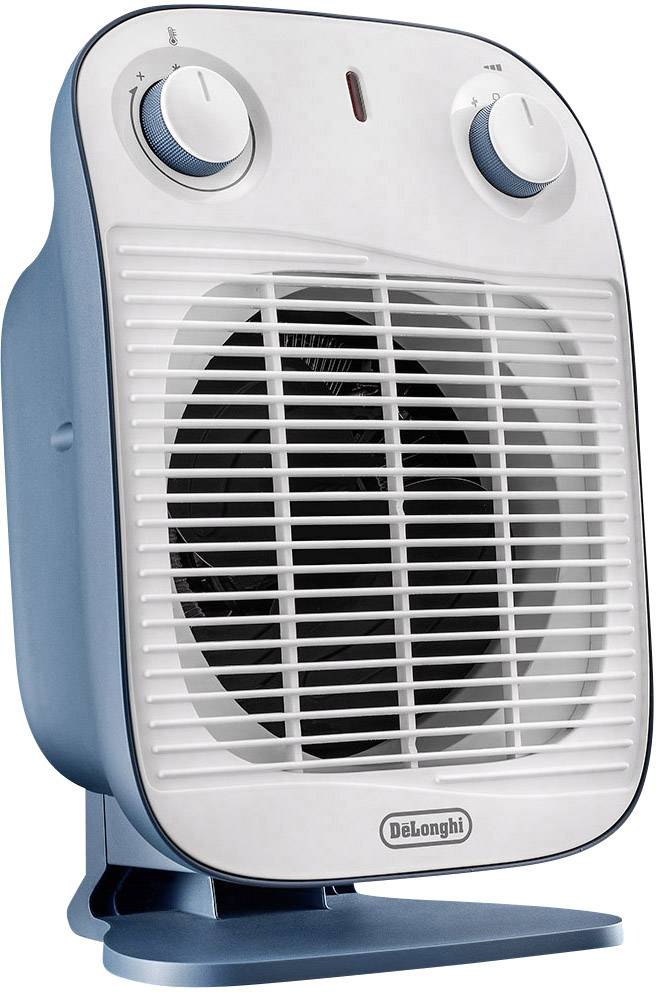 Modrý elektrický teplovzdušný ventilátor s dvoma otočnými regulátormi hore. Dole je uvedený názov značky 'DeLonghi'. Kompaktný, prenosný dizajn určený do interiérov.