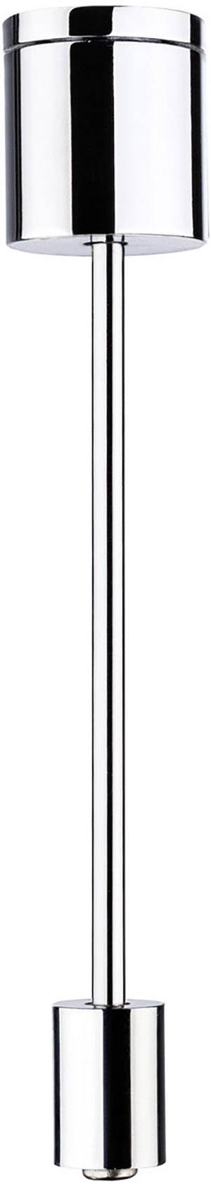 Dlhá, úzka strieborná lampa s cylindrickým tienidlom a podstavcom, vhodná do moderných interiérov.
