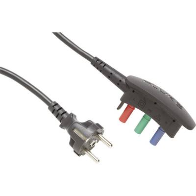Trojpólový elektrický skúšací konektor s červenými, zelenými a modrými svorkami, používaný na elektrickú bezpečnostnú kontrolu.