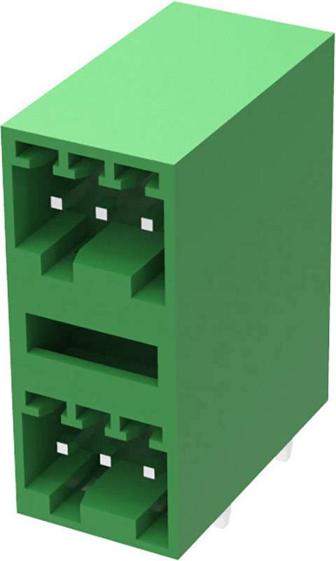 Zelený elektrický svorkovnicový blok s viacerými pripojovacími bodmi.