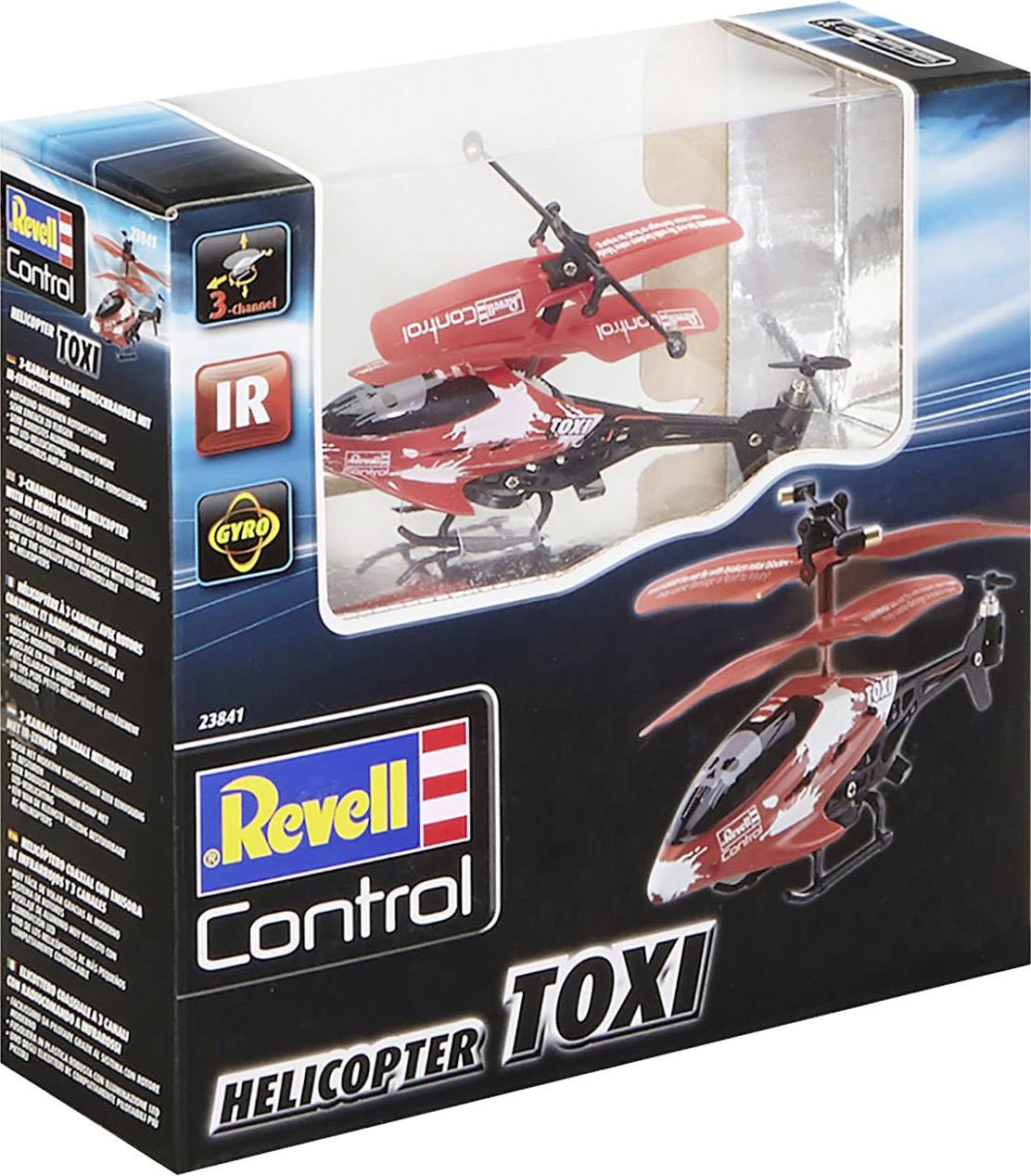 Revell Control diaľkovo ovládaný vrtuľník 'TOXI' v červenom obale s priehľadným okienkom, zobrazujúci detaily produktu a možnosti ovládania.