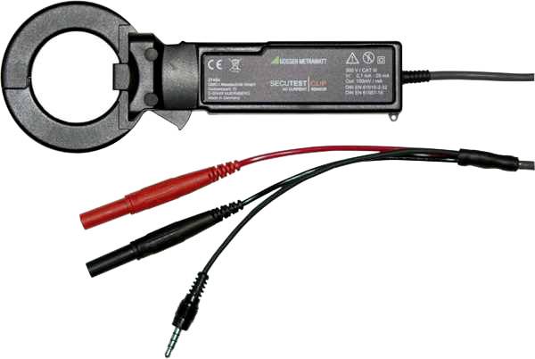 Elektromer so svorkovým ampérmetrom a tromi káblami - červeným, čiernym a zeleným. Používa sa na meranie elektrického prúdu.