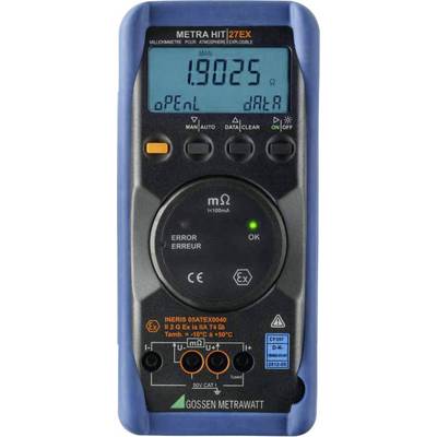 Multimeter 'Metra Hit 27EX' s digitálnym displejom, zobrazuje '1.9025'. Funkcie: Dáta, Auto, indikátor chýb/Error, certifikácia CE.