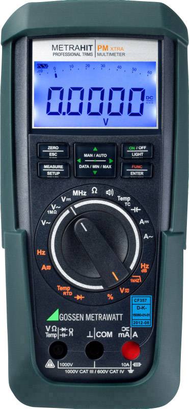 Digitálny multimeter s rôznymi meracími funkciami. Displej zobrazuje '0.00'. Prepínač pre napätie, prúd a odpor.