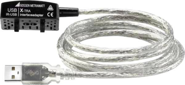 Priehľadný USB adaptérový kábel, stočený, s čiernym konektorom, označený ako 'Gossen Metrawatt X-Tra IR-USB interfaceový adaptér'.