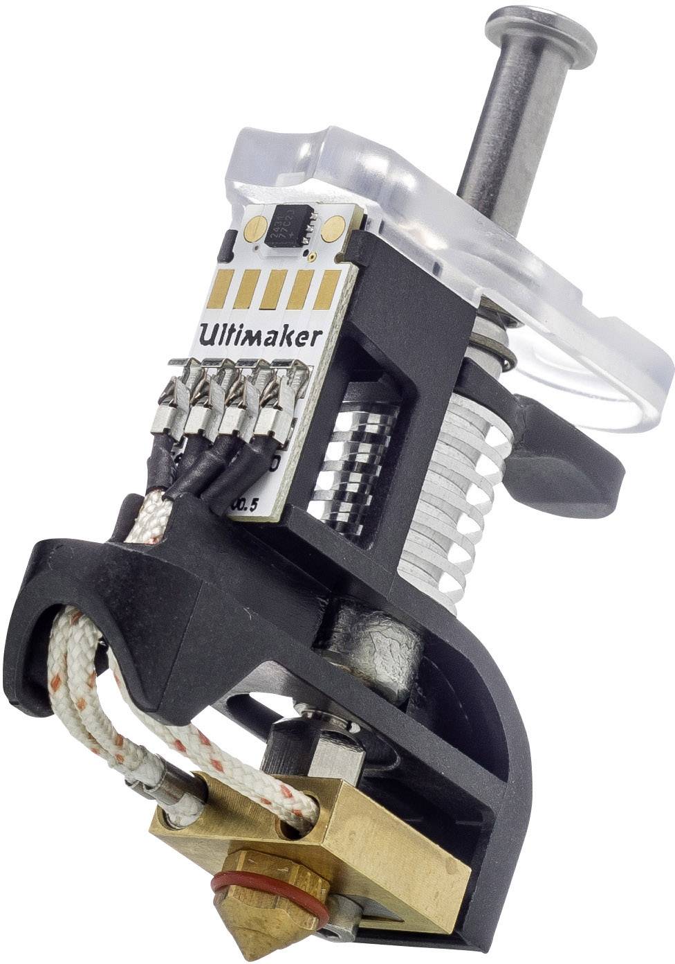 3D tlačová tryska značky Ultimaker. Zobrazuje vyhrievaciu súčiastku s medenou dýzou a káblovými prepojeniami, umiestnená centrálne v strede obrazu.