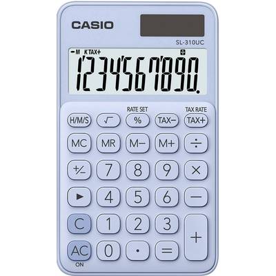 Modrý vreckový kalkulátor značky Casio s displejom a kompletnou klávesnicou. Na displeji sú zobrazené čísla 1234567890.
