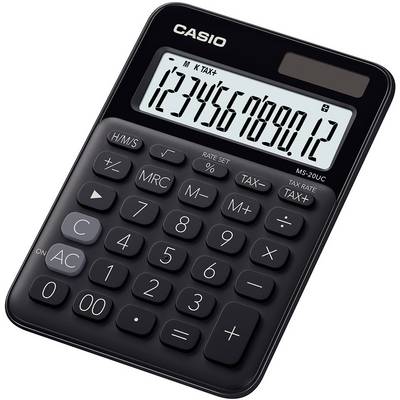 Čierny kalkulátor značky CASIO so solárnym článkom, na displeji zobrazuje číselnú postupnosť '1234567890,12'.