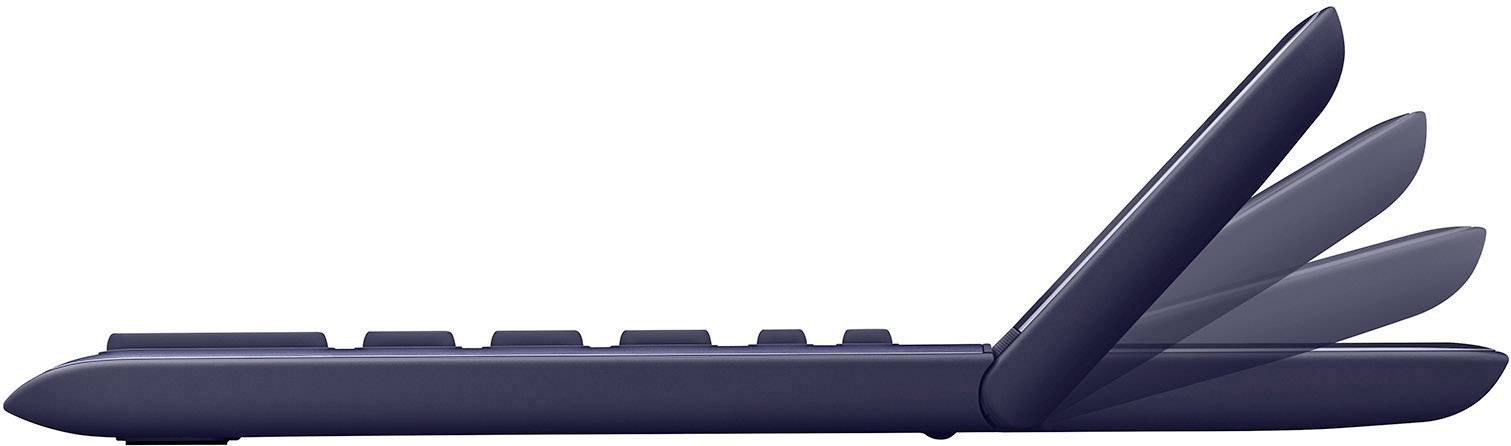 Tmavmodrý laptop zobrazený z bočného pohľadu so sklopenou obrazovkou v rôznych uhloch.