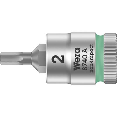 Bitsový kľúč s Torx profilom, veľkosť 2, s nápisom 'Wera 8740 A non-impact', vhodný na skrutkovanie. Strieborný a zelený odtieň.