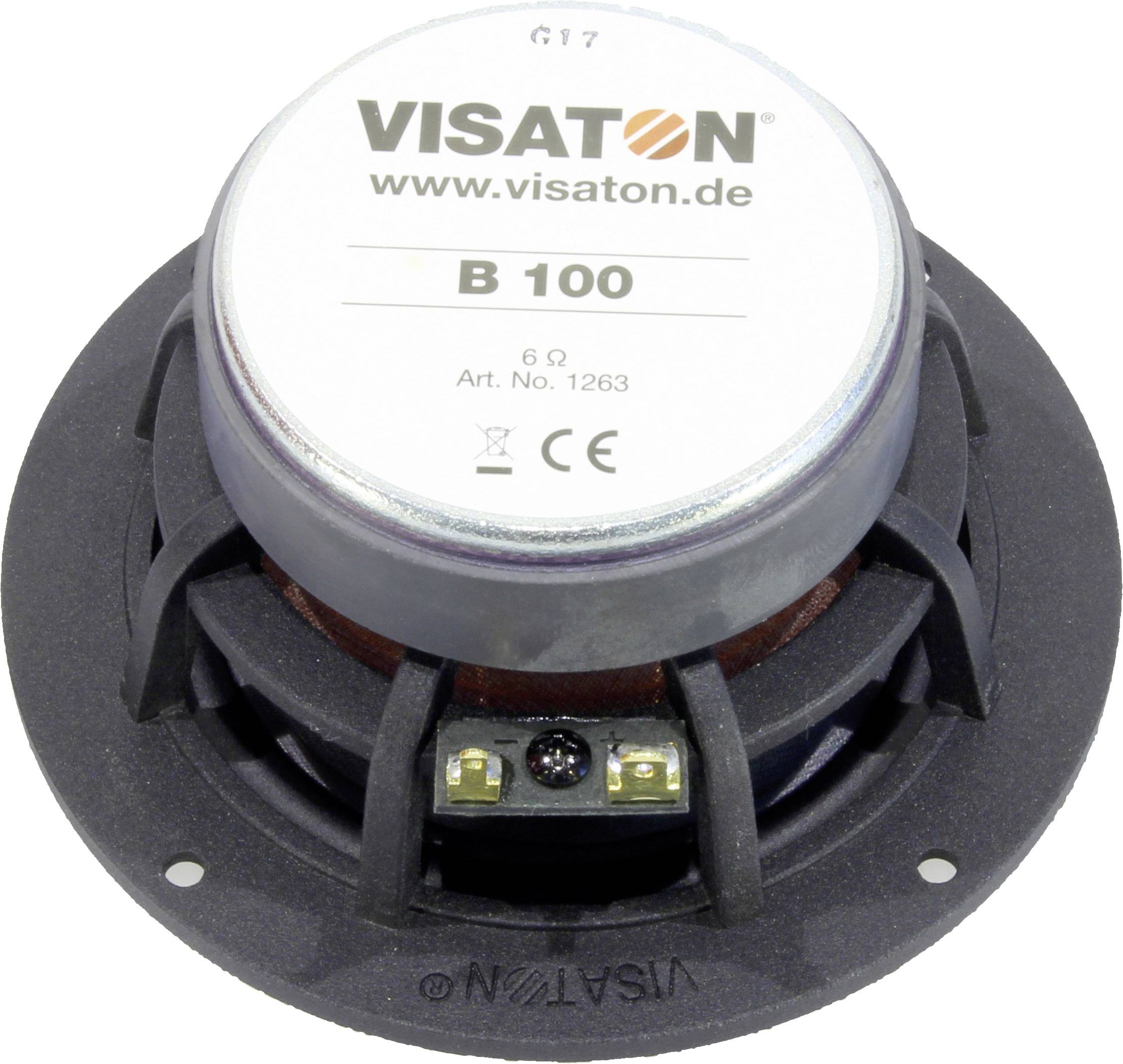 Guľatý reproduktor zhora, v strede logo a webová stránka spoločnosti 'Visaton', model 'B 100', impedancia 6 ohmov, katalógové číslo 1263.