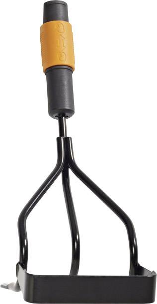 Rýľ s čiernou kovovou rukoväťou a oranžovou rukoväťovou časťou, vhodný pre záhradné práce ako kopanie alebo plevel.