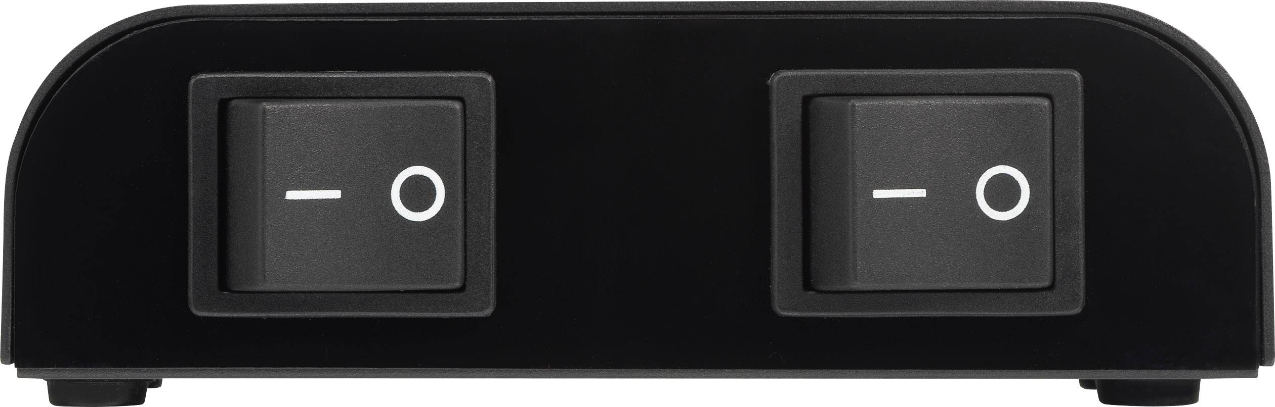 Čierne zariadenie s dvoma pákovými spínačmi, oba v polohe Vypnuté.