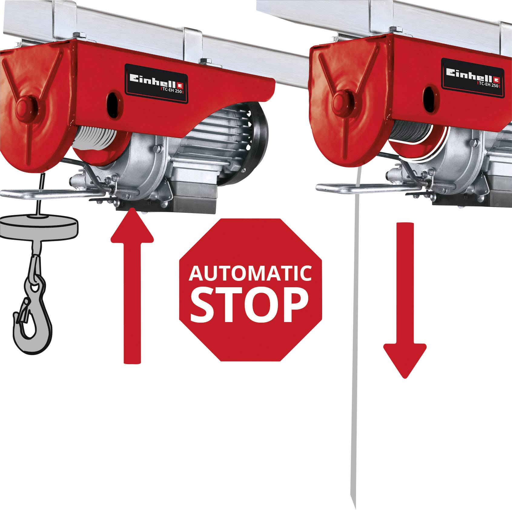 Elektrický lanový naviják s hákom. Červený osemuholník s nápisom 'AUTOMATIC STOP' signalizuje automatický mechanizmus zastavenia.